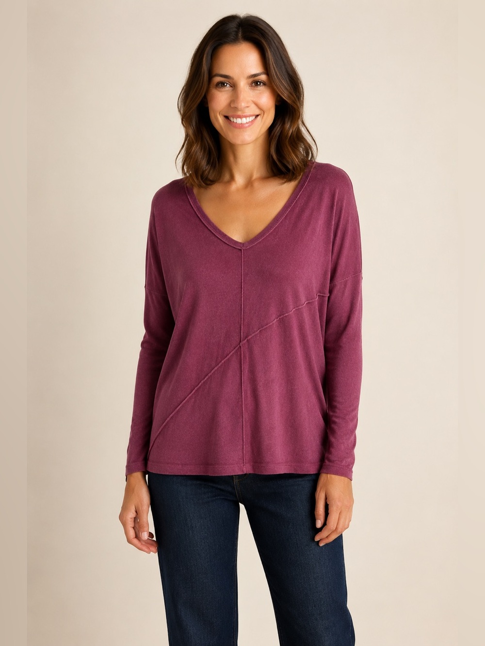 Kokun Bamboo Cashmere V-Neck Sweater M/L Burgundy Asymmetric Seam Relaxed Fit
